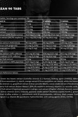 Ingredient list for Kevin Levrone Levro Lean 90 tablets, highlighting weight loss and metabolism support.