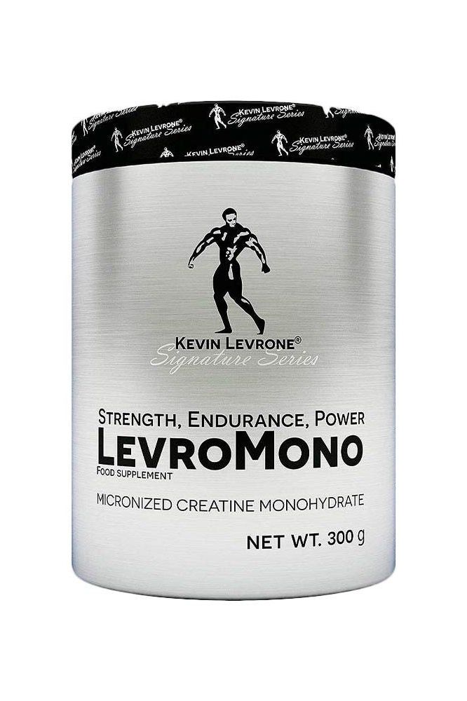 Kevin Levrone Levro Mono creatine monohydrate supplement in a silver canister, 300 g, promoting strength and endurance.