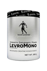 Kevin Levrone Levro Mono creatine monohydrate supplement in a silver canister, 300 g, promoting strength and endurance.