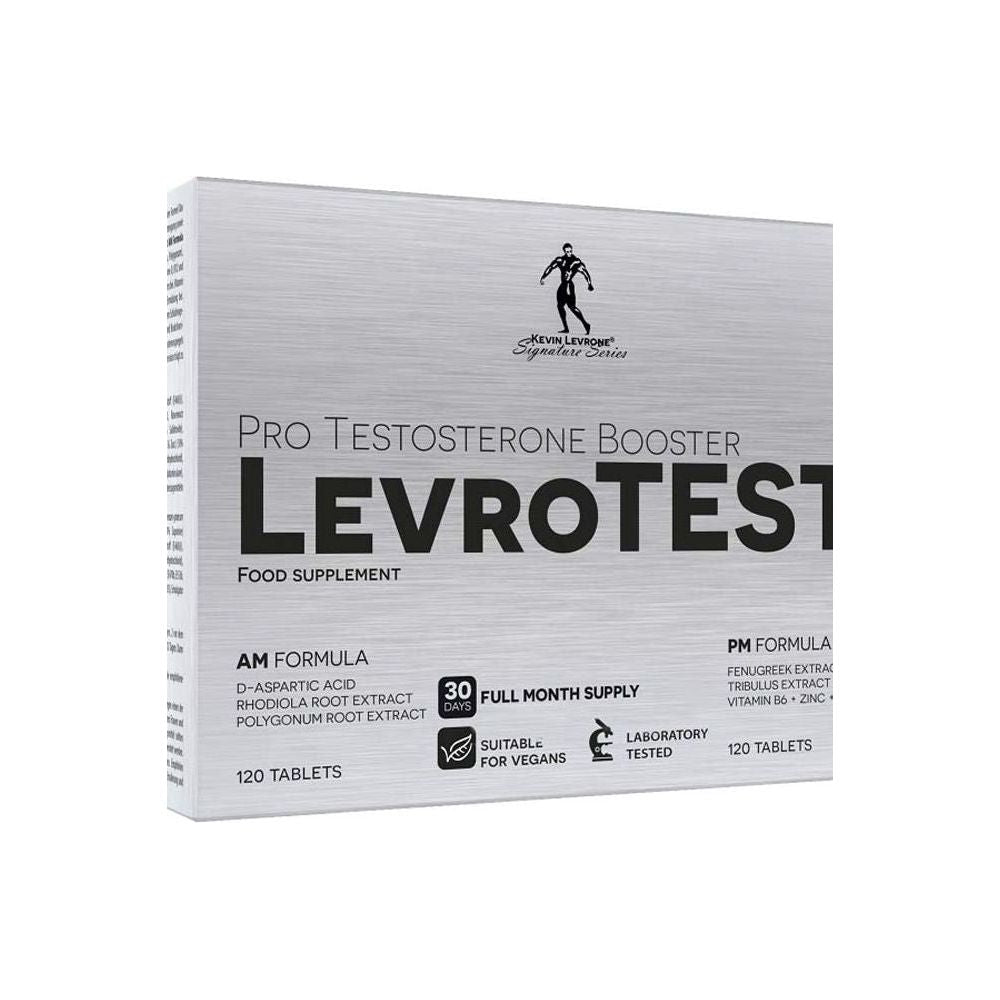 LevroTest Pro Testosterone Booster Supplement, 120 tablets, AM and PM formulas, suitable for vegans.