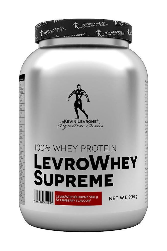 Levro Whey Supreme by Kevin Levrone, 100% whey protein supplement in a silver container.
