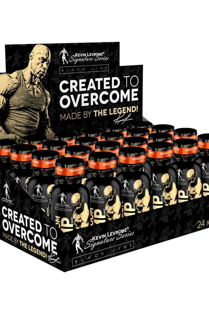 Kevin Levrone Shaaboom Pump Shot Box display featuring 24 bottles, designed for muscle pump and performance enhancement.