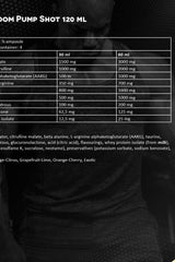 Nutritional information for Kevin Levrone Shaaboom Pump Shot 120 mL highlighting key ingredients and dosages.