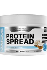 Kevin Levrone Unique Protein Spread in 500g jar, rich in protein, no added sugar, gluten-free, 21% protein content.
