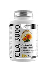 Kevin Levrone CLA 3000 supplement bottle with 90 softgels, featuring conjugated linoleic acid from safflower oil.