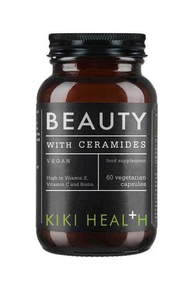 KIKI Health Beauty with Ceramides vegan supplement bottle, 60 vegetarian capsules rich in vitamins E, C, and biotin.