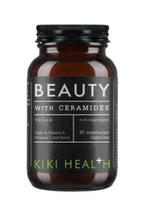 KIKI Health Beauty with Ceramides vegan supplement bottle, 60 vegetarian capsules rich in vitamins E, C, and biotin.