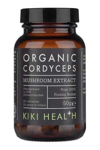 KIKI Health Organic Cordyceps Mushroom Extract 50g bottle, boosts immunity, energy, and endurance.