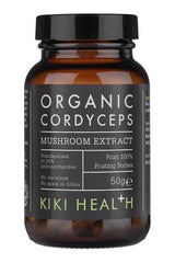 KIKI Health Organic Cordyceps Mushroom Extract 50g bottle, boosts immunity, energy, and endurance.