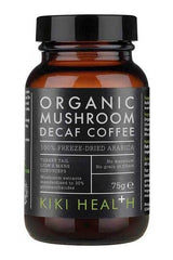 KIKI Health Organic Decaffeinated Mushroom Coffee jar, 100% freeze-dried Arabica, 75g, with mushroom extracts and no fillers.