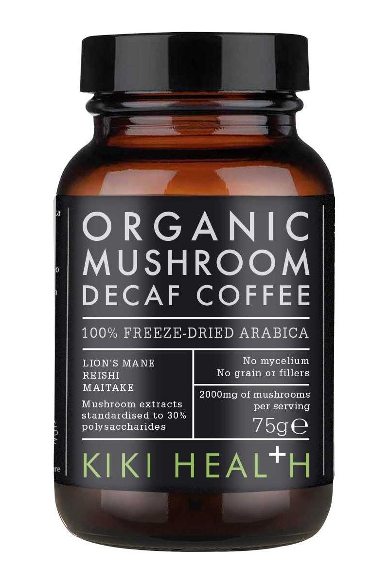 KIKI Health Organic Decaffeinated Mushroom Coffee jar, featuring freeze-dried Arabica coffee and mushroom extracts.