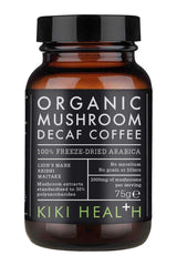 KIKI Health Organic Decaffeinated Mushroom Coffee jar, featuring freeze-dried Arabica coffee and mushroom extracts.