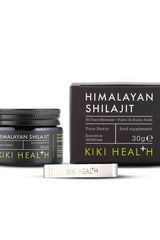 KIKI Health Himalayan Shilajit jar and box, 30g food supplement rich in trace minerals and fulvic acids.