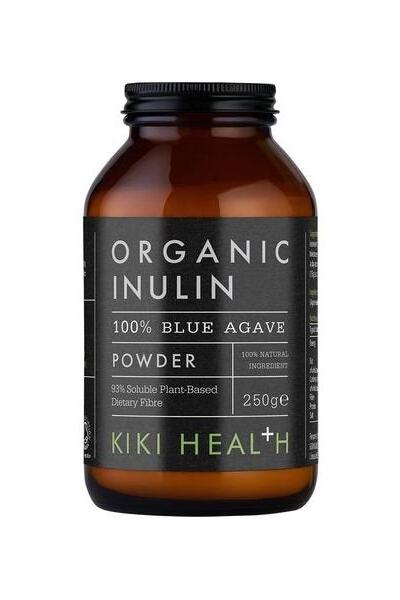 KIKI Health Organic Inulin Powder with 93% soluble fiber from blue agave in a 250g jar.