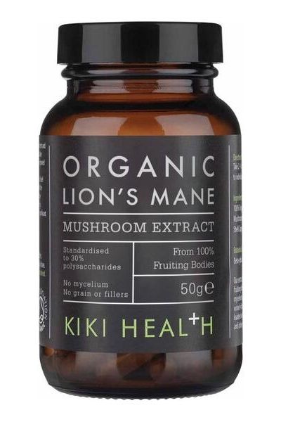 KIKI Health Organic Lion's Mane Mushroom Extract Powder 50g, 100% organic, standardized to 30% polysaccharides.