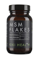 Kiki Health MSM Flakes natural sulphur supplement in a 100g jar for joint and skin health.