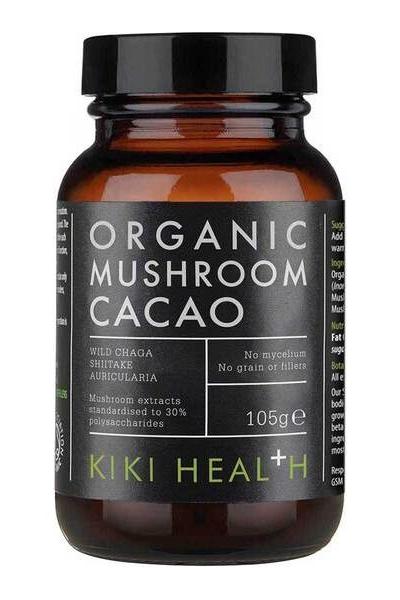 KIKI Health Organic Mushroom Cacao jar, featuring a blend of wild mushrooms and cacao powder for health benefits.