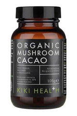 KIKI Health Organic Mushroom Cacao jar, featuring a blend of wild mushrooms and cacao powder for health benefits.