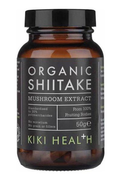 KIKI Health Organic Shiitake Mushroom Extract Powder, 50g, supports immune health and energy levels.