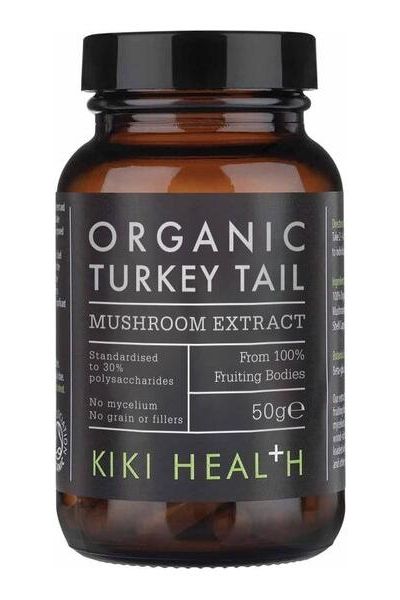 KIKI Health Organic Turkey Tail Mushroom Extract bottle with label details and dosage information.