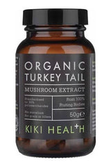 KIKI Health Organic Turkey Tail Mushroom Extract bottle with label details and dosage information.
