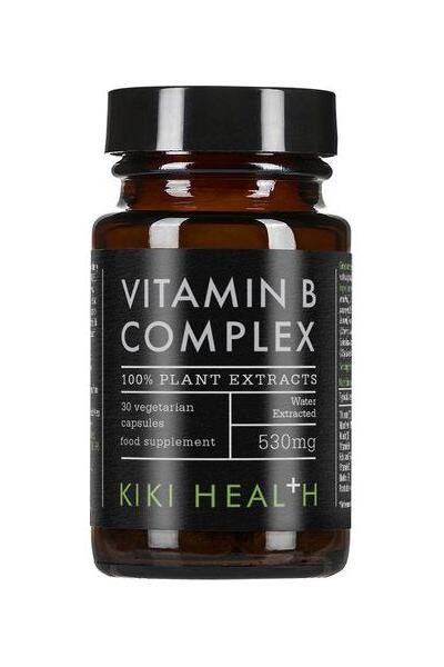KIKI Health Vitamin B Complex bottle featuring 30 plant-based capsules, water-extracted and vegan-friendly.