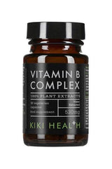 KIKI Health Vitamin B Complex bottle featuring 30 plant-based capsules, water-extracted and vegan-friendly.
