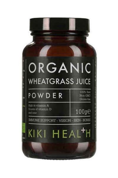 KIKI Health Organic Wheatgrass Juice Powder 100g, rich in vitamins A and D, for immune support and overall wellness.