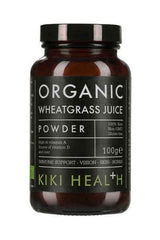KIKI Health Organic Wheatgrass Juice Powder 100g, rich in vitamins A and D, for immune support and overall wellness.