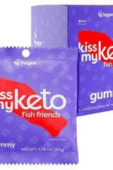 Kiss My Keto Fish Friends Keto Gummies packaging, gluten-free and vegan with less than 1g sugar per serving.