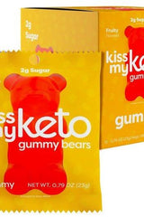 Kiss My Keto gummy bears packaging showcasing low sugar, gluten-free, fruity flavored gel candy, 12 servings of 23g each.