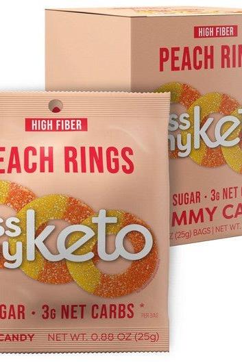 Kiss My Keto Peach Rings Keto Gummies packaging with high fiber, low sugar, and no GMO ingredients.