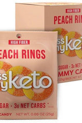 Kiss My Keto Peach Rings Keto Gummies packaging with high fiber, low sugar, and no GMO ingredients.