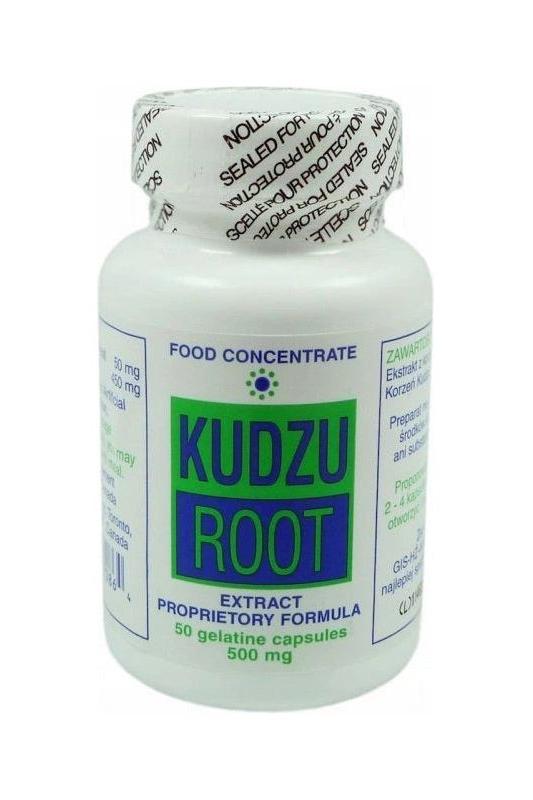 Kudzu Root extract bottle with 50 gelatin capsules for digestive support and appetite regulation.