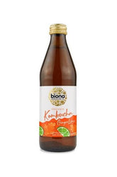 Biona Organic Kombucha Ginger Lime in a glass bottle with a golden cap and vibrant label.