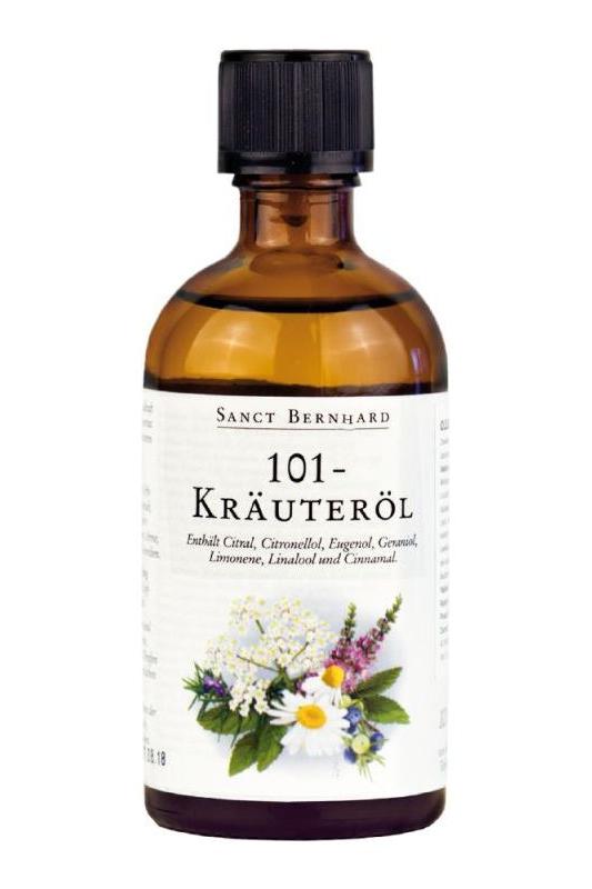 Kräuterhaus Sanct Bernhard 101 Herb Oil bottle, 100ml, featuring essential oils for health and wellness.
