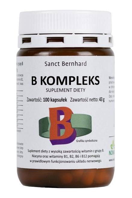 Kräuterhaus Sanct Bernhard B Complex supplement bottle with 100 capsules for nerve and psychological health.