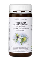Kräuterhaus Sanct Bernhard Black Cumin Oil capsules, 500 mg, 180 capsules in a bottle.