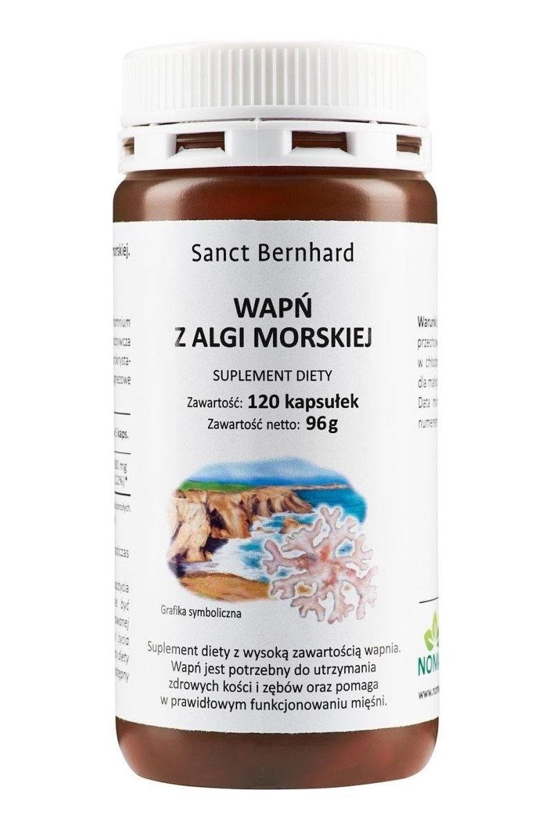 Kräuterhaus Sanct Bernhard Calcium Lithothamnium capsules bottle with 120 caps for bone health and muscle function.