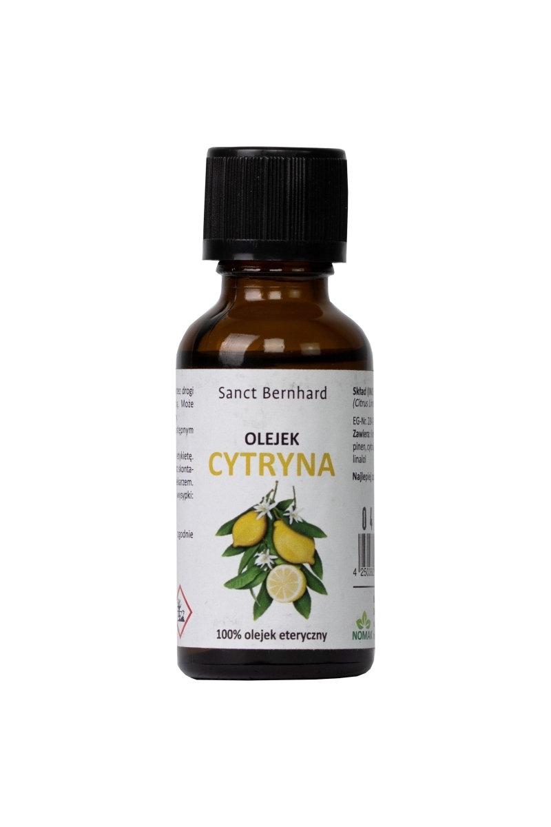 Kräuterhaus Sanct Bernhard Citrus Lemon Peel Oil 30 ml bottle with fresh lemon design.