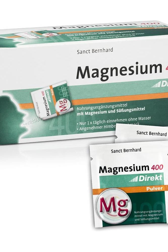 Kräuterhaus Sanct Bernhard Magnesium 400 Direct Powder box and sachets for muscle and nerve support.
