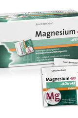 Kräuterhaus Sanct Bernhard Magnesium 400 Direct Powder box and sachets for muscle and nerve support.