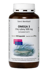 Kräuterhaus Sanct Bernhard Omega 3 Fish Oil capsules bottle, 500 mg, 400 capsules, dietary supplement for heart and brain health.