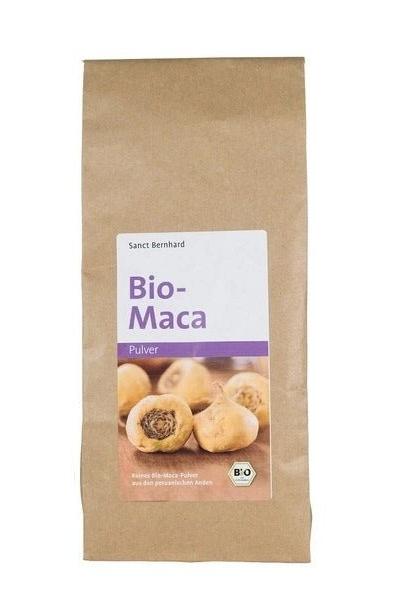 Kräuterhaus Sanct Bernhard Bio-Maca powdered root packaging, highlighting organic benefits and features.