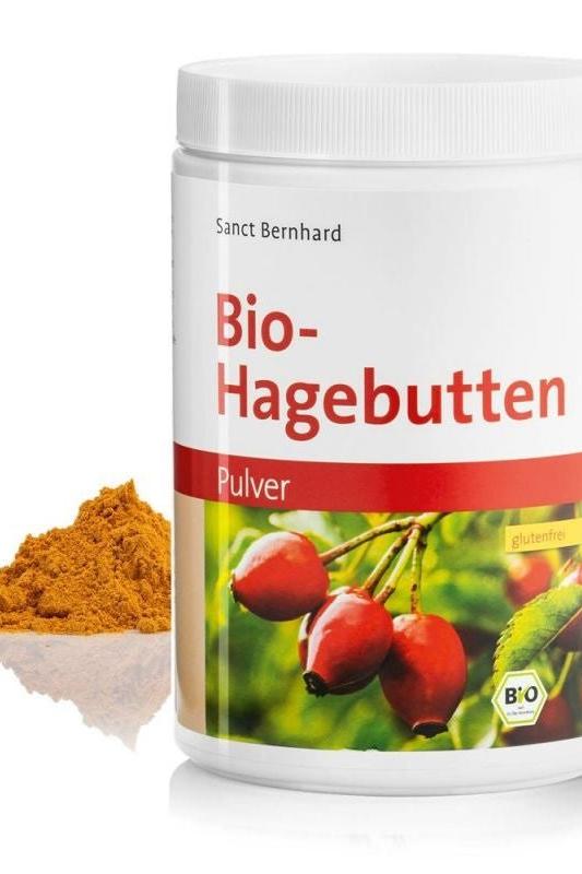 Kräuterhaus Sanct Bernhard Organic Powdered Rosehips package with powder, rich in vitamins and antioxidants.