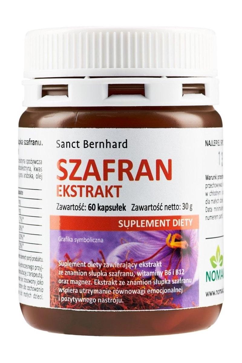 Kräuterhaus Sanct Bernhard Saffron Nerve Capsules in a brown bottle, dietary supplement with 60 caps.
