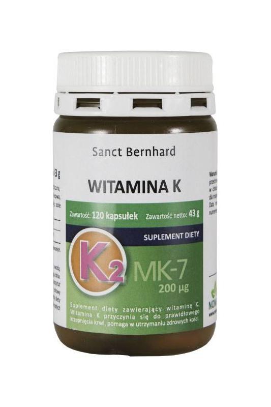 Kräuterhaus Sanct Bernhard Vitamin K2 supplement 200 mcg, 120 capsules, supports bone and heart health.