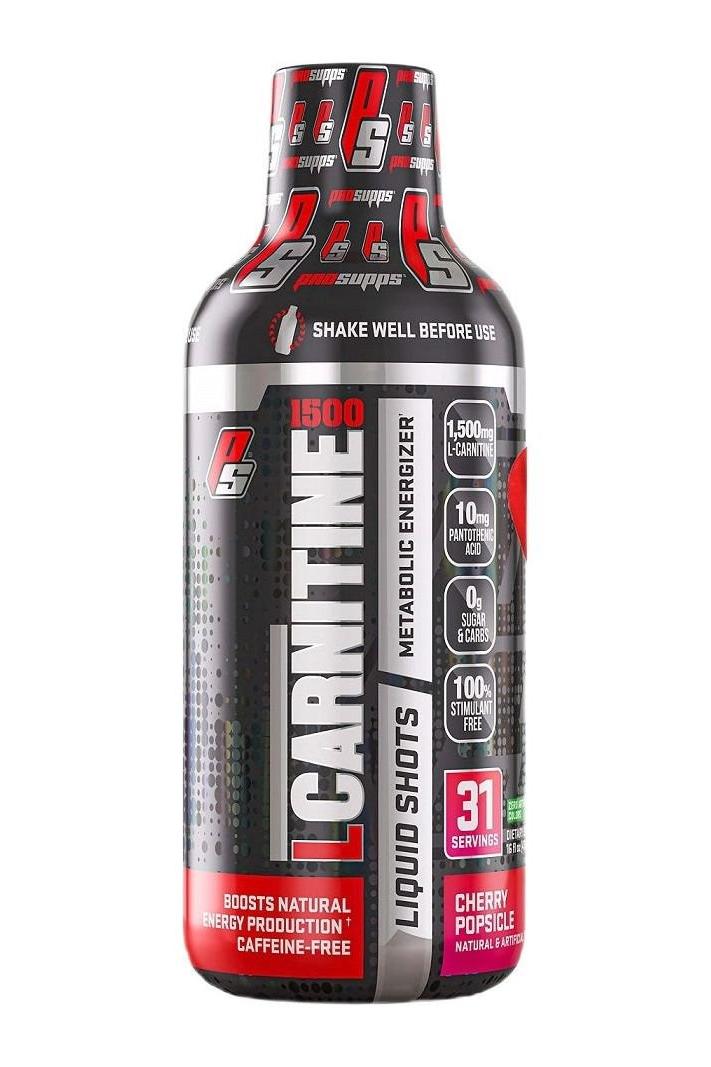 L-Carnitine 1500 liquid shots bottle with cherry popsicle flavor, promoting energy production and metabolism.