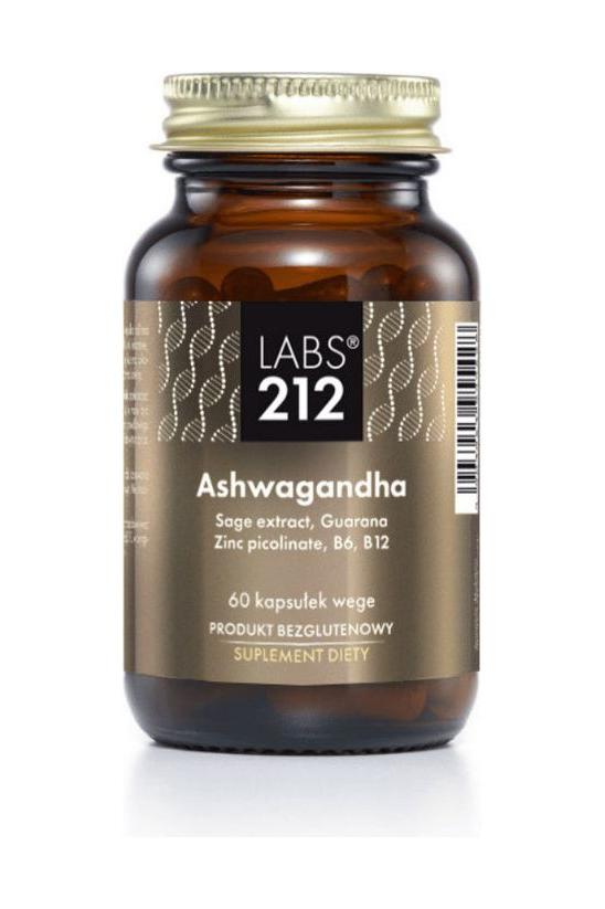 Labs212 Ashwagandha supplement bottle with sage extract, guarana, and B vitamins in a 60-capsule container.
