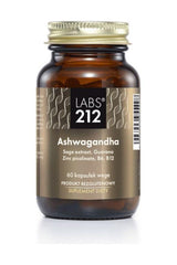 Labs212 Ashwagandha supplement bottle with sage extract, guarana, and B vitamins in a 60-capsule container.